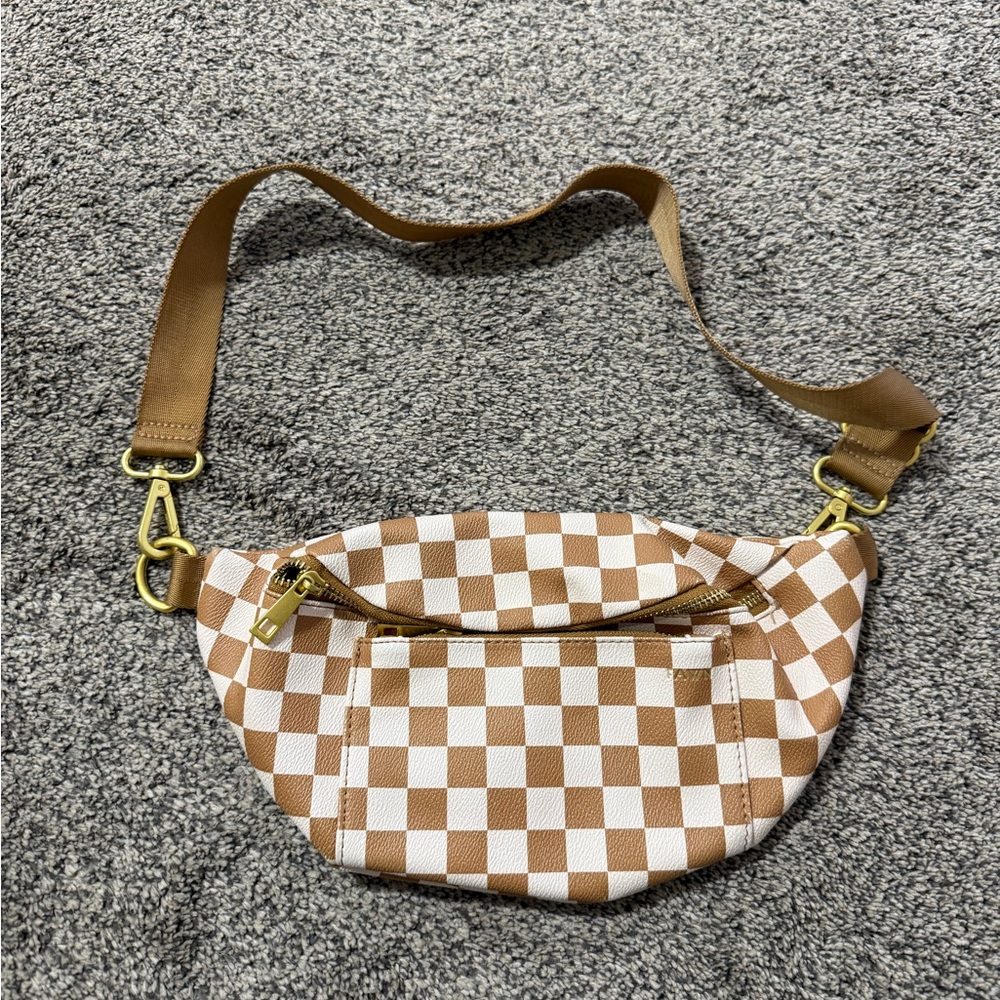 Fawn Design White and Tan Checkered Crossbody Belt Bag